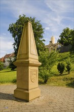 Column, memorial stone of the Iglauer Sprachinsel community in front of Hellenstein Castle,