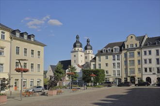 Old Market with Towers of St. John's Church, Plauen, Vogtland, Saxony, Germany, Europe