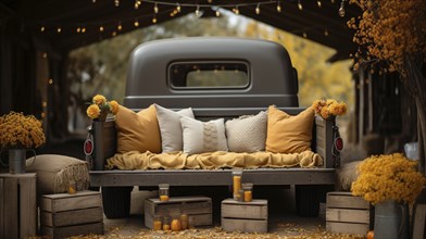 Vintage truck bed filled with fall themed decorations and pillows, generative AI