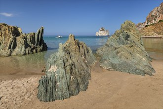 Masua Beach, with Pan di Zucchero, Nebida, Iglesiente, Province of Sud Sardegna, Sardinia, Italy,