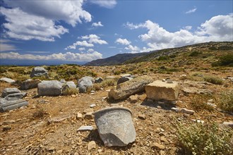 Menies, Rodopou, dream bay, pebble beach, Doric excavation site, temple ruins, column remains,