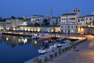 Harbour, blue hour, Alghero, Sassari, Province of Sardinia, Italy, Europe