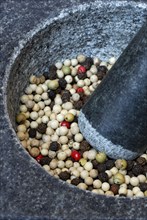 Various peppercorns in mortar, pepper, peppercorns, mortar, pestle