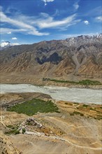 Aerial view of Spiti valley and Key gompa in Himalayas. Spiti valley, Himachal Pradesh, India, Asia