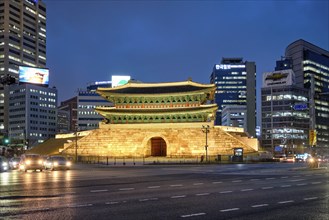 Seoul, South Korea, April 1, 2016 : Namdaemun Gate Sungnyemun at night with city traffic, Seoul,