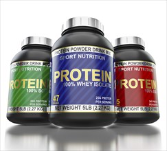 Sport nutrition and bodybuilding fitness supplements concept, whey isolate, soy and egg protein