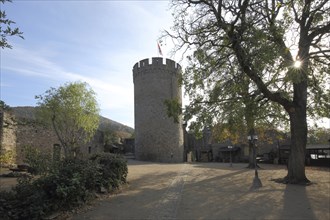 Tower of Auerbach Castle Ruin in backlight near Bensheim, Bergstrasse, Hesse, Germany, Europe