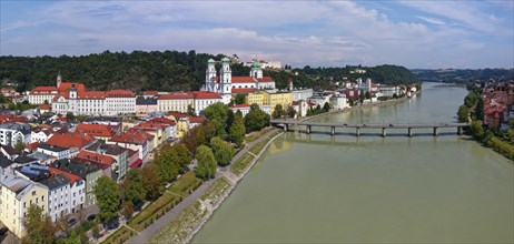 Aerial view, River Inn, Marienbrücke, St. Stephan's Cathedral, Old Town, Three Rivers City of