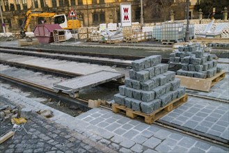 The historic Sohienstrasse in Dresden's Old Town, receives new tram tracks and a cobblestone