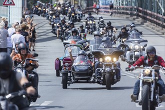 Harley Days Dresden, big ride through the city, here at the Elbe bridge Blaue Wunder