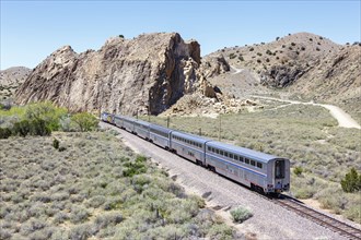 Amtrak Southwest Chief train railway in New Mexico Los Cerrillos, USA, North America