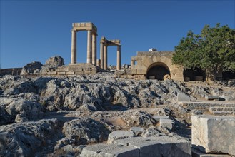 Roman columns, Roman temple, Acropolis of Lindos, Lindos, Rhodes, Dodecanese, Greece, Europe