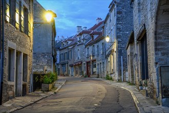 Old town alley, blue hour, Vézelay, Yonne department, Bourgogne-Franche-Comté region, Burgundy,