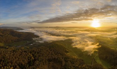 Sunrise with fog over the Schenkenberger valley, Canton Aargau, Switzerland, Europe