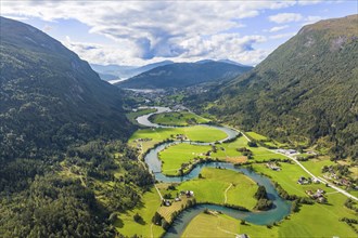 Meandering river Stryneelva, Stryn, Norway, Europe