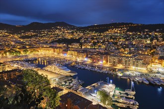 View of Old Port of Nice with luxury yacht boats from Castle Hill, France, Villefranche-sur-Mer,