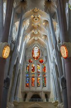 Interior view of the Familia Sagrada by the architect Antonio Gaudi in Barcelona, Spain, Europe