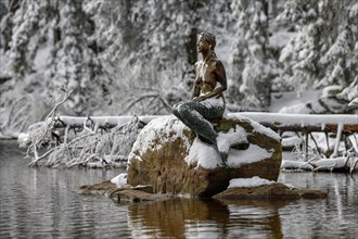 Mummelsee mermaid in snow, near Seebach, Black Forest, Ortenaukreis, Baden-Württemberg, Germany,