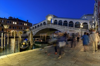 Gondolas on the Grand Canal in front of the Rialto Bridge, blue hour, Venice, San Marco district,