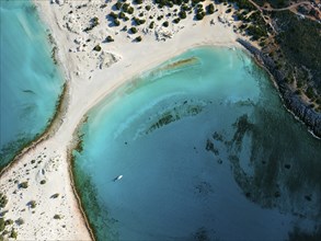 Drone shot, double bay of Simos beach, Sarakiniko beach, Elafonisos, Deer Island, Laconia,