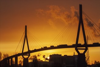 Köhlbrand Bridge, lorry, traffic jam, sunrise, bridge, harbour, Hamburg