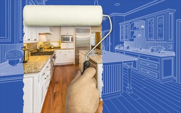 Before and after of man painting roller to reveal custom kitchen photograph under blueprint sketch