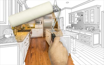 Before and after of man painting roller to reveal custom kitchen photograph under pencil sketch