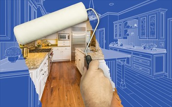 Before and after of man painting roller to reveal custom kitchen photograph under blueprint sketch