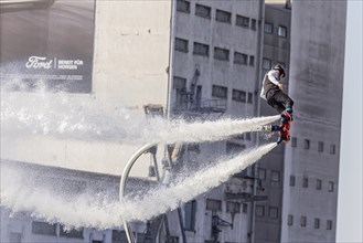 Harbour festival in Stuttgart. Spectacular jet ski and flyboard show on the Neckar. Stuttgart,