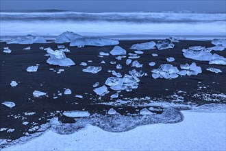 Ice floes, beach, sea, waves, cloudy, Diamond Beach, Breidamerkursandur, Jökulsarlon, Iceland,