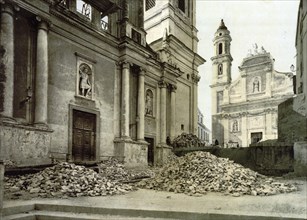 Church and rubble after earthquake, San Remo, Riviera, Italy, c. 1895, Historic, digitally restored