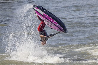 Harbour festival in Stuttgart. Spectacular jet ski and flyboard show on the Neckar. Stuttgart,