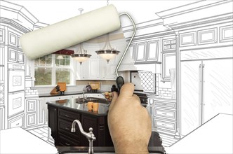 Before and after of man painting roller to reveal custom kitchen photograph under pencil sketch