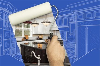 Before and after of man painting roller to reveal custom kitchen photograph under blueprint sketch