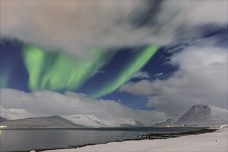 Northern Lights over fjord landscape, Aurora borealis, snow, winter, mountains, Thingeyri,