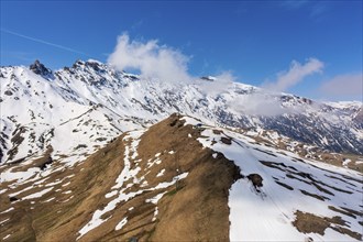 Panoramic view from the Seiser Alm to the Dolomites in Italy, drone shot