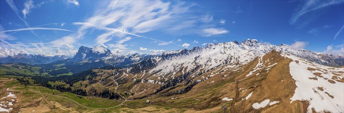 Panoramic view from the Seiser Alm to the Dolomites in Italy, drone shot