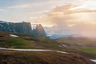 Panoramic view of Mount Sciliar from Alpe di Siusi in the Dolomites in South Tyrol, Italy, Europe