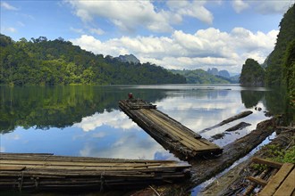 Bamboo rafts on Cheow Lan lake, National Park Khao Sok, Thailand, Asia