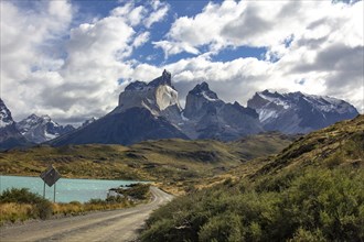 Road to the viewpoint Los Cuernos, Torres del Paine national park in chilean Patagonia