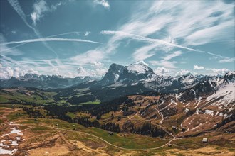 Panoramic view from the Seiser Alm to the Dolomites in Italy, drone shot