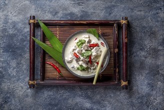 Thai chicken mushroom coconut milk soup TOM KHA GAI in bowl with thai spices