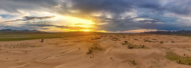 Aerial panorama view of the sand dunes Elsen Tasarhai (Bayan Gobi) desert at sunset in Mongolia