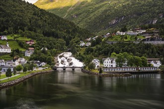 View of Hellesyltfossen, a waterfall in Hellesylt, Norway, Europe