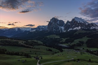 Panoramic view from the Seiser Alm to the Dolomites in Italy, drone shot