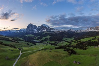 Panoramic view from the Seiser Alm to the Dolomites in Italy, drone shot