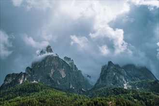 Panoramic view of Mount Sciliar on the Seiser Alm in the Dolomites in South Tyrol, Italy, Europe