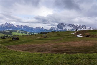 Panoramic view from the Seiser Alm to the Dolomites in South Tyrol, Italy, Europe