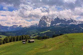 Panoramic view from the Seiser Alm to the Dolomites in Italy, drone shot