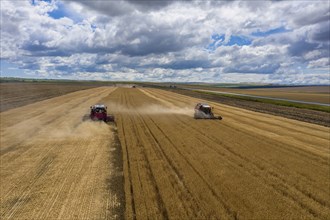 Aerial view of combine harvester working in golden wheat field